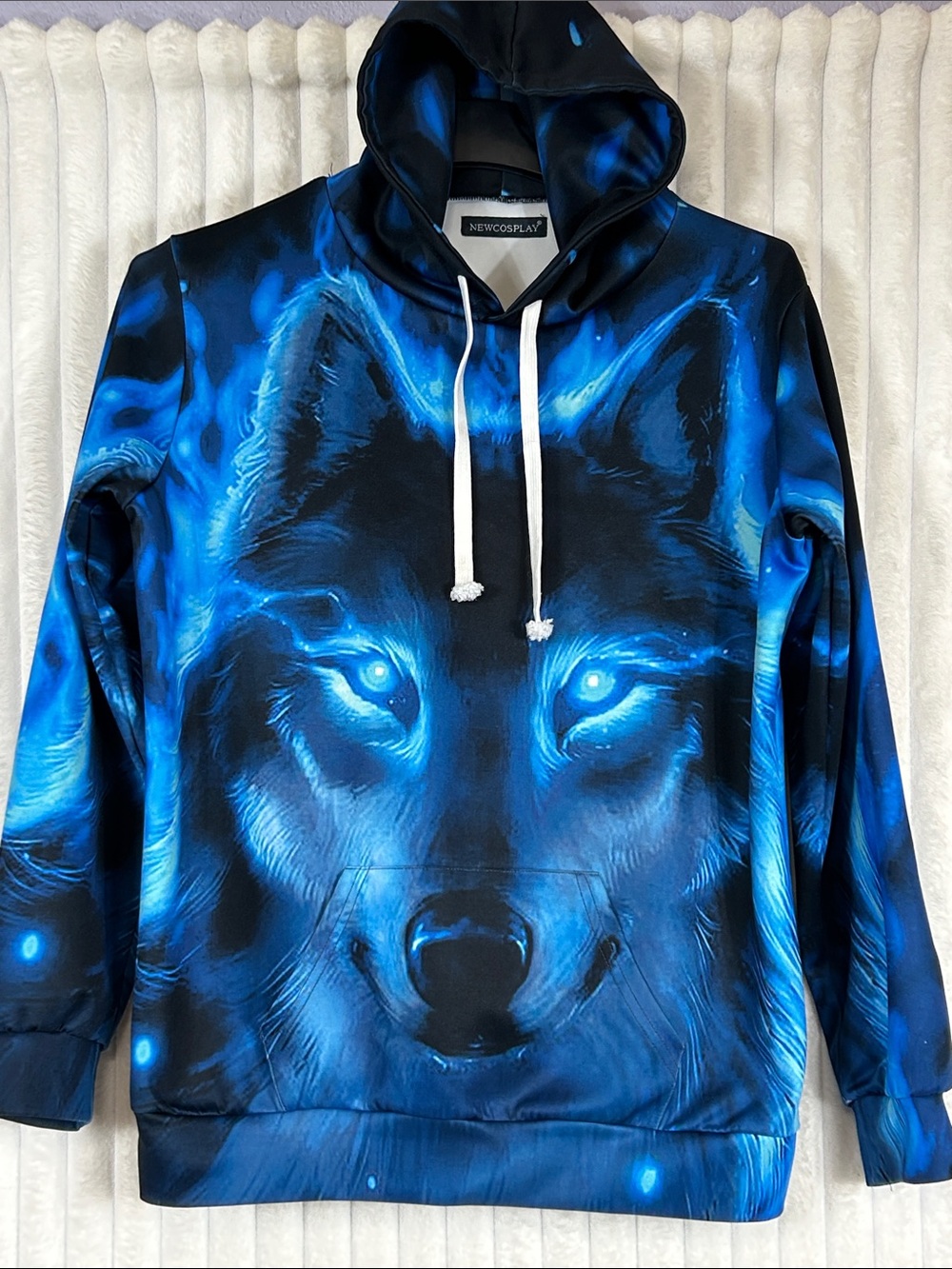 Newcosplay Blue Fire Wolf 3D Print Hoodie sz L